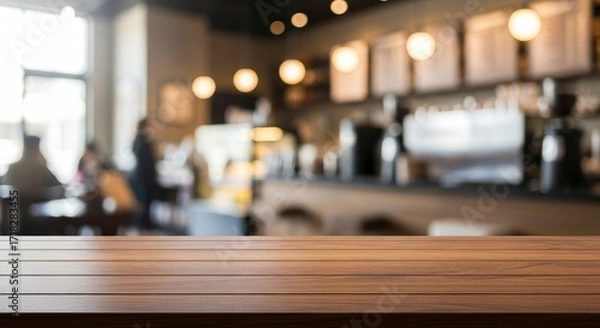 Fototapeta Dark wooden plank table in foreground Blurred cafe interior features patrons counter equipment menu boards and glowing lights in the background