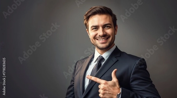 Fototapeta Portrait of cheerful excited joyful satisfied handsome attractive businessman guy dressed in formal outfit dark velvet pointing on empty blank copyspace isolated on gray background copy-space