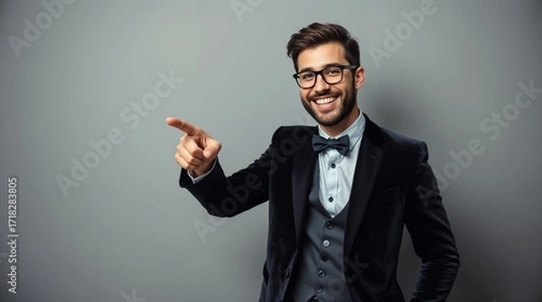 Fototapeta Portrait of cheerful excited joyful satisfied handsome attractive businessman guy dressed in formal outfit dark velvet pointing on empty blank copyspace isolated on gray background copy-space