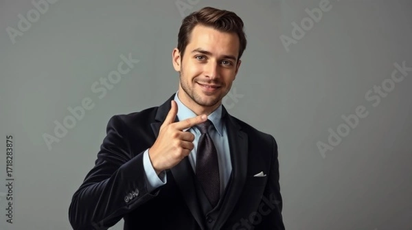 Fototapeta Portrait of cheerful excited joyful satisfied handsome attractive businessman guy dressed in formal outfit dark velvet pointing on empty blank copyspace isolated on gray background copy-space