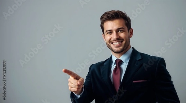Fototapeta Portrait of cheerful excited joyful satisfied handsome attractive businessman guy dressed in formal outfit dark velvet pointing on empty blank copyspace isolated on gray background copy-space