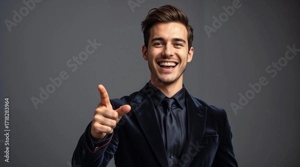 Fototapeta Portrait of cheerful excited joyful satisfied handsome attractive businessman guy dressed in formal outfit dark velvet pointing on empty blank copyspace isolated on gray background copy-space
