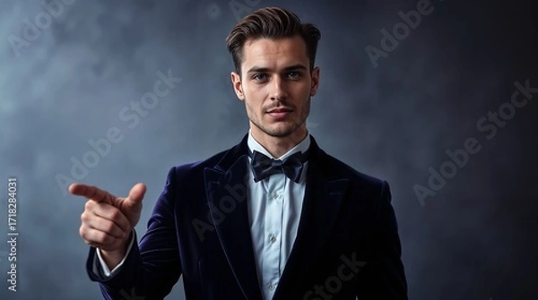 Fototapeta Portrait of cheerful excited joyful satisfied handsome attractive businessman guy dressed in formal outfit dark velvet pointing on empty blank copyspace isolated on gray background copy-space