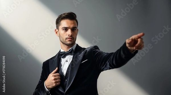 Fototapeta Portrait of cheerful excited joyful satisfied handsome attractive businessman guy dressed in formal outfit dark velvet pointing on empty blank copyspace isolated on gray background copy-space