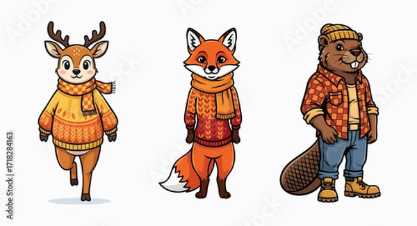 Fototapeta Animals in autumn clothes isolated on white, including a reindeer in knitted scarf, fox in hooded jacket, and beaver in flannel shirt, are warmly dressed for cold weather.