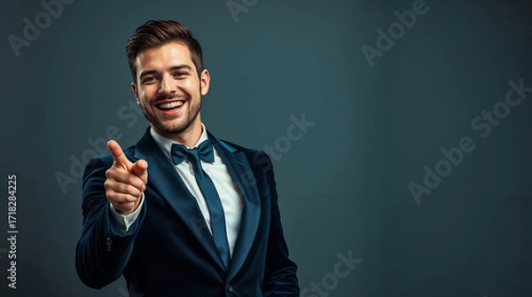 Fototapeta Portrait of cheerful excited joyful satisfied handsome attractive businessman guy dressed in formal outfit dark velvet pointing on empty blank copyspace isolated on gray background copy-space