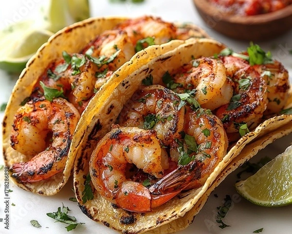 Obraz Delicious shrimp tacos, garnished with fresh cilantro