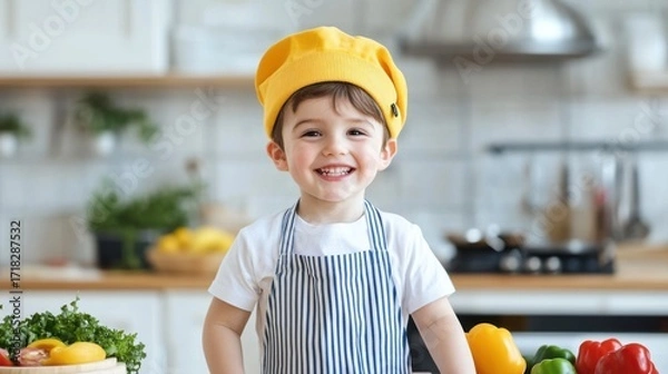 Fototapeta Happy Child Chef Smiling in Kitchen with Colorful Vegetables and Chef Hat