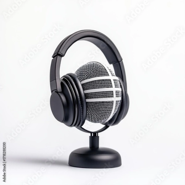Fototapeta Stylish microphone and headphone setup on a minimalistic display stand