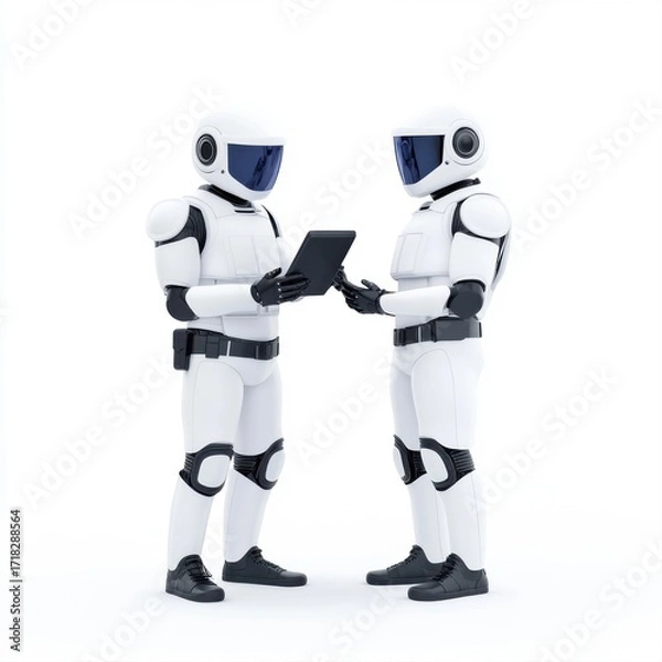 Fototapeta Two Futuristic Robots Engaged in Collaboration with Tablet Device