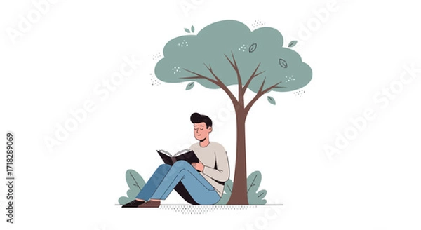 Obraz Young Man Delights In Reading Under A Shady Tree Enjoying Peace And Quiet