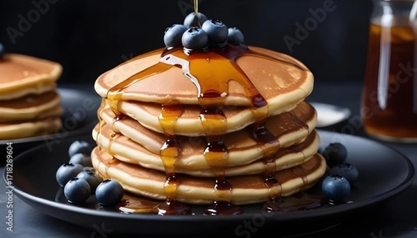 Fototapeta Delicious stack of pancakes with blueberries and maple syrup
