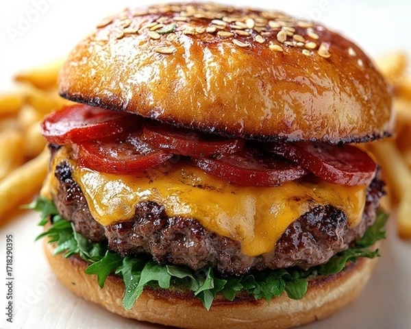 Obraz Close-up of a gourmet cheeseburger with fries