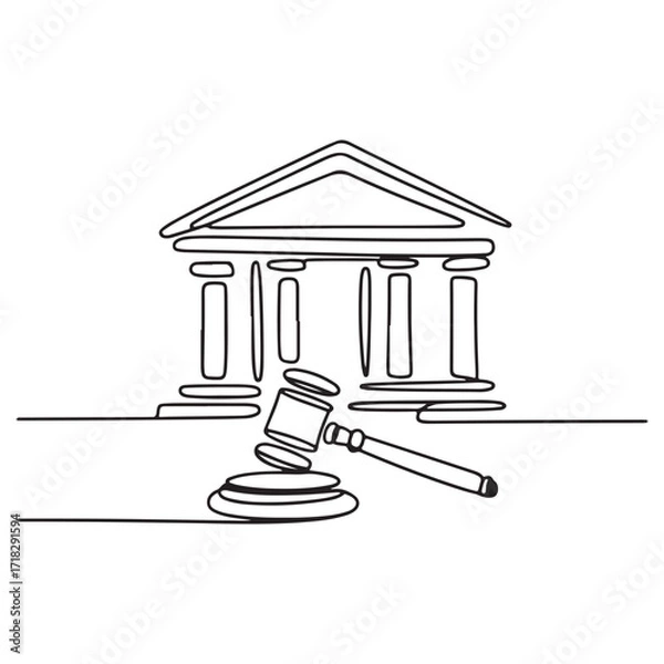 Fototapeta Continuous line courthouse with gavel symbolizing law, trial, judgment and justice illustration