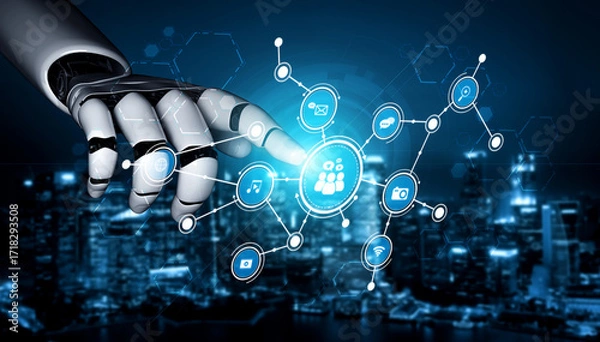 Fototapeta A robotic hand reaching out to a digital network interface, symbolizing advanced technology, connectivity, and innovation in a futuristic urban environment. Tessel