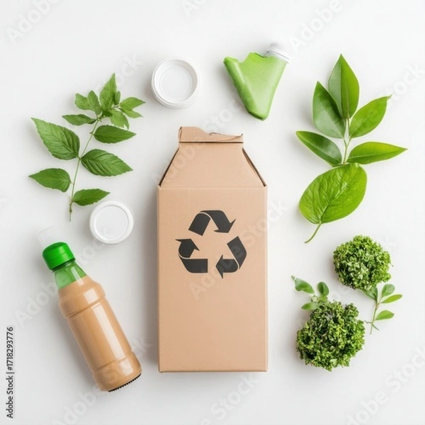 Fototapeta Sustainable Packaging Arrangement with Green Elements and Recyclable Materials