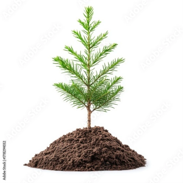 Fototapeta Young Evergreen Tree on Fresh Soil Isolated on White Background