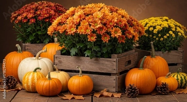 Fototapeta A rustic display of pumpkins and autumnal mums in wooden crates, arranged on a wooden surface with fallen leaves and pinecones.