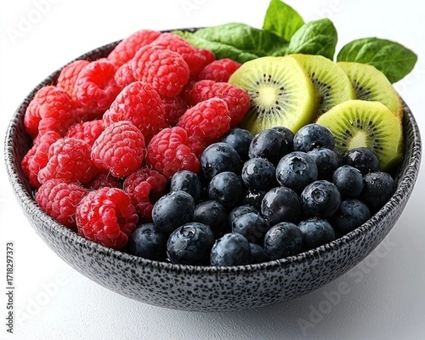 Obraz Fresh raspberries, blueberries, and kiwi in a bowl