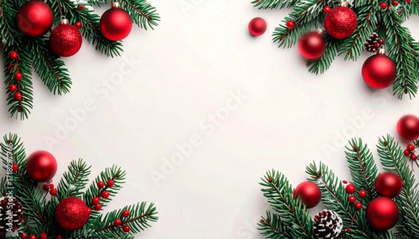 Fototapeta Christmas motif, frame of fir branches and red Christmas balls, space for text in the middle, white background, AI-generated Image