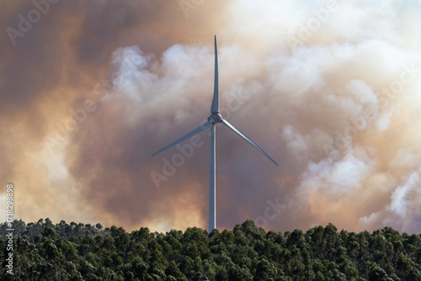 Fototapeta A dramatic wildfire burns near a windmill under a sky filled with thick clouds. The contrast between renewable energy and destructive flames highlights themes of climate change, environmental crisis, 