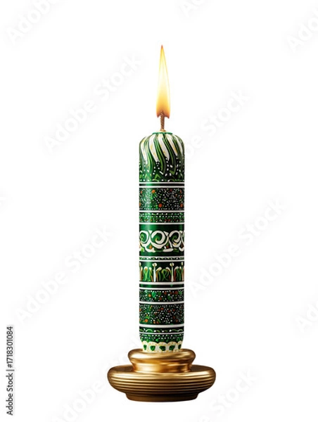 Fototapeta PNG Of A beautifully crafted green decorative candle with intricate patterns, emanating a warm glow in a dim setting.