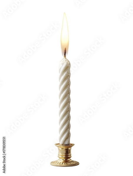 Fototapeta PNG Of A close-up of a white, twisted candle with a warm flame in an elegant golden holder, exuding a cozy and inviting ambiance.