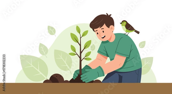 Obraz Person Planting A Tree With A Bird On Their Shoulder For Environmental Conservation