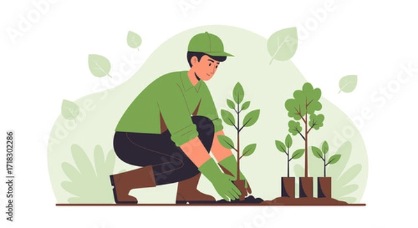 Fototapeta Person Planting Saplings: A Community Garden Concept with Environmental Focus Illustration