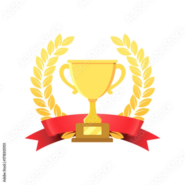 Fototapeta Gold trophy cup vector icon. Golden award with laurel wreath and red ribbon for competition. Winner symbol illustration