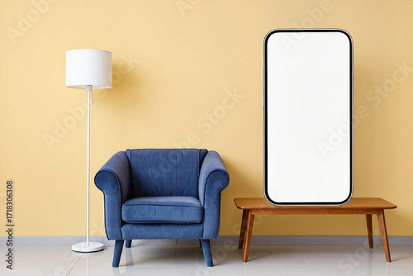 Fototapeta Momentum of interaction unfolding where simplicity meets everyday rest and a giant digital frame transforms a quiet living space into an open gate for dialogue and exchange