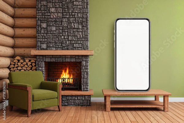 Fototapeta Retreat into a cozy corner where the glow of fire meets the stillness of natural textures while the oversized digital frame opens new pathways of communication within intimate surroundings