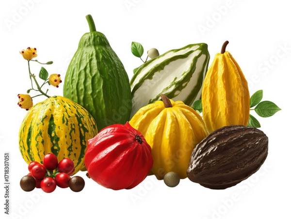 Fototapeta PNG Of A vibrant arrangement of assorted squashes and cocoa pods, showcasing rich colors and textures.