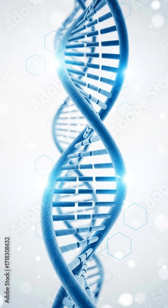 Fototapeta Close-up of blue DNA helix structure, detailed 3D model, showcasing genetic code concept, representing science, medicine, and biotechnology