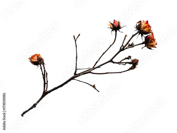 Fototapeta PNG Of A delicate branch of wilted roses in hues of orange and red against a dark background.