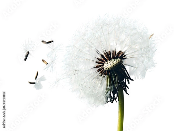 Fototapeta PNG Of A close-up of a dandelion in full seed dispersal, capturing the delicate beauty of nature's cycle in white and brown hues.