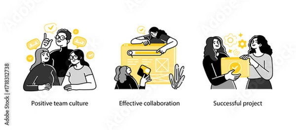 Fototapeta Three vector illustrations showing a positive team environment, efficient project collaboration, and successful project delivery in a business setting.