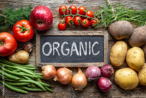Fototapeta Fresh organic vegetables and fruits arranged around a rustic chalkboard on textured wooden surface symbolizing healthy natural food options and farm produce