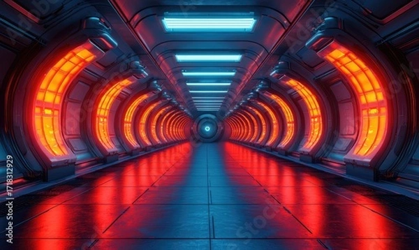Obraz Futuristic corridor with vibrant neon lighting.  A sleek, spacious tunnel