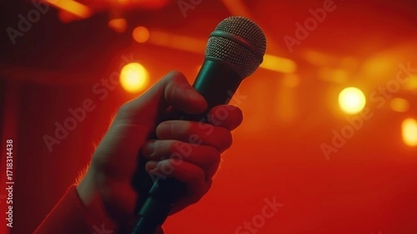Fototapeta Close up of man hand holding microphone on red stage background.