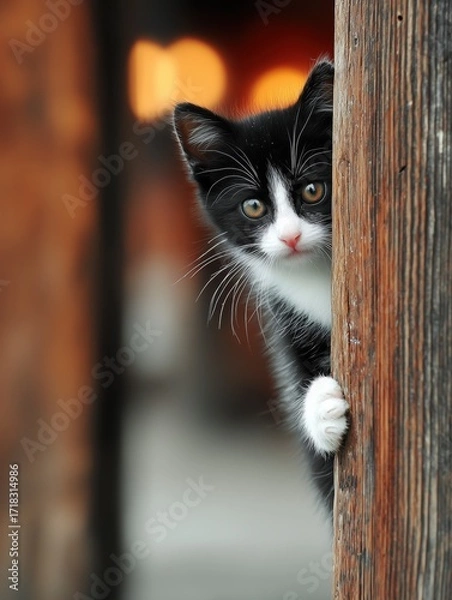 Fototapeta Kitten Tuxedo Cat Black and White Cat Cute Adorable Curious Closeup of Playful Feline Peeking from Wooden Post with Golden Eyes in Warm Blurred Background