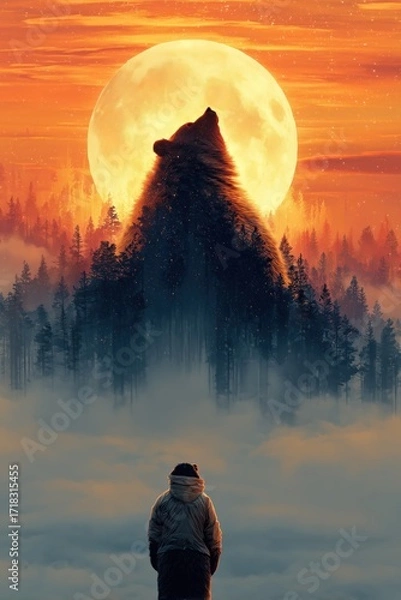 Fototapeta Fantasy Giant Bear Mythical Creature Moonrise Surreal Glowing Light Silhouette Above Forest Clouds in Cinematic Dreamlike Atmosphere