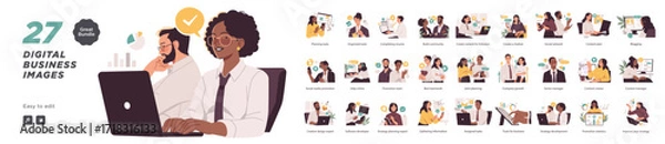 Fototapeta A bundle of 27 editable vector illustrations showing digital business concepts like content creation, planning, teamwork, and online promotion.