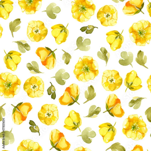 Obraz Seamless pattern of watercolor yellow flower isolate on white background. Wildflowers for wedding cards.