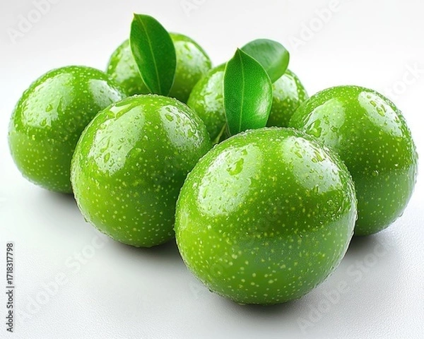 Obraz A group of vibrant green, round fruits with water droplets and leaves
