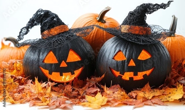 Obraz Halloween pumpkins with witch hats on a bed of autumn leaves
