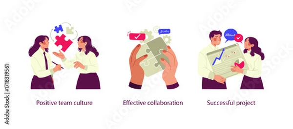 Fototapeta Vector illustrations representing teamwork and productivity: two colleagues building a positive team culture, hands assembling puzzle pieces for effective collaboration, and coworkers celebrating a su