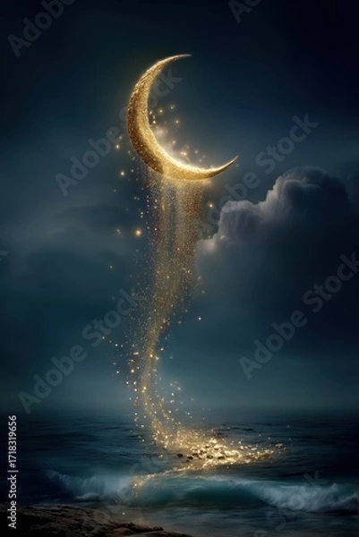 Fototapeta Fantasy Surreal Glowing Moon Golden Light Mystical Crescent Above Ocean with Sparkling Energy Falling into Dreamlike Night Seascape Background