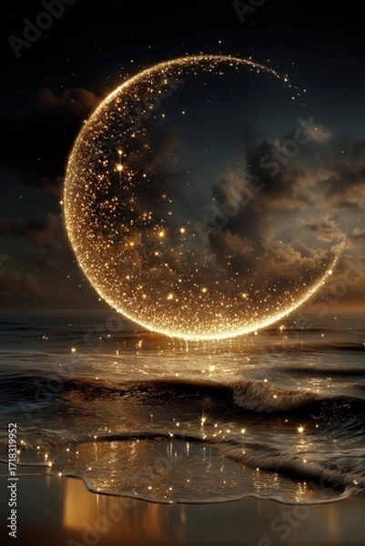 Fototapeta Fantasy Surreal Glowing Moon Golden Light Mystical Crescent Above Ocean with Sparkling Energy Falling into Dreamlike Night Seascape Background