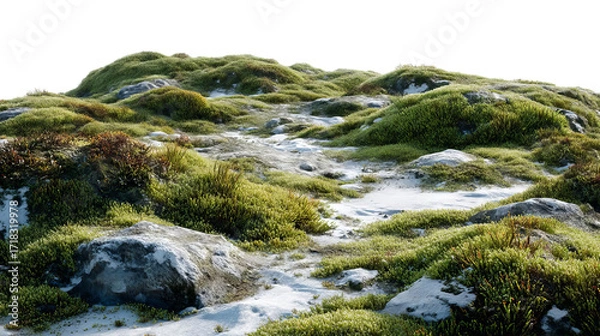 Fototapeta PNG of Serene landscape with lush green grass and rocky terrain, capturing the tranquility of nature's diversity.